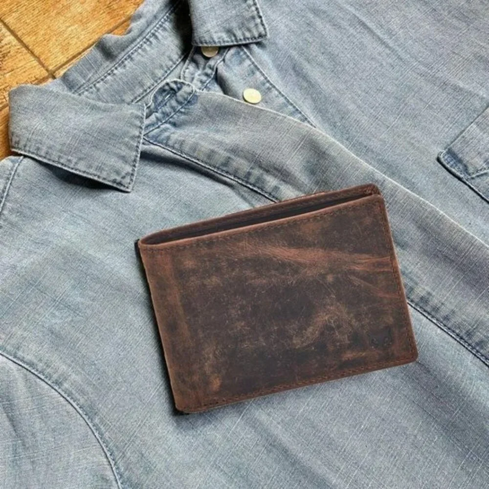 Real Leather Mens‎ Bifold Wallet RFID Blocking Slim Minimalist Front Pocket